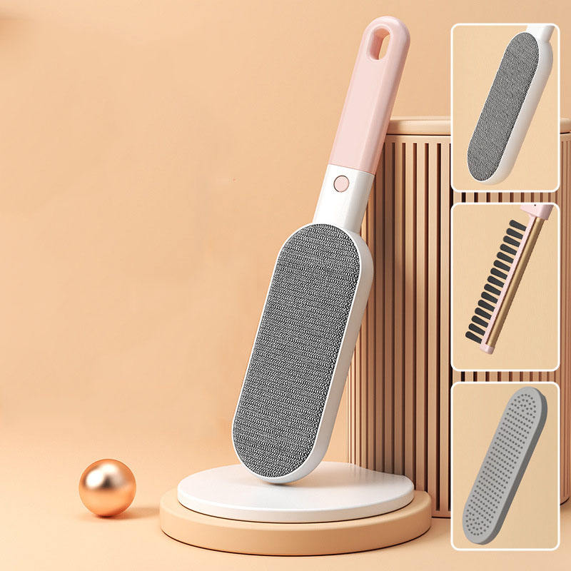 Double-Sided Pet Hair Remover Brush in Pink front view on white background for cats and dogs