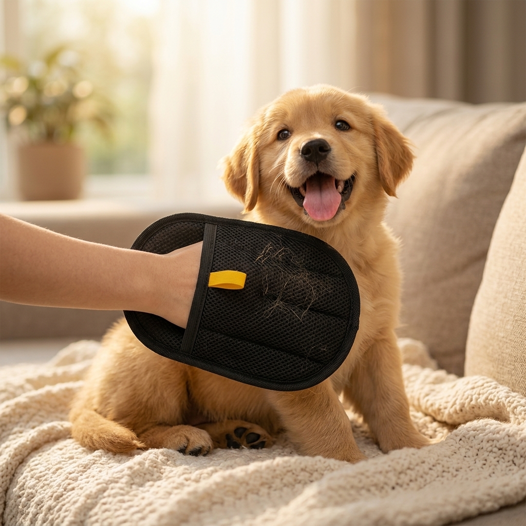Hand wearing Pet Hair Remover Glove in Dark Brown palm facing camera showing silicone bristles