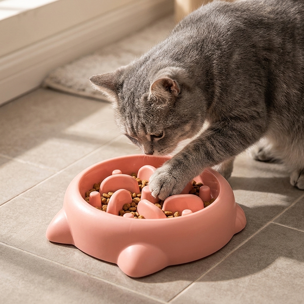 Gray cat eating from Slow Feeder Bowl in Pink on tiled floor paw reaching into maze
