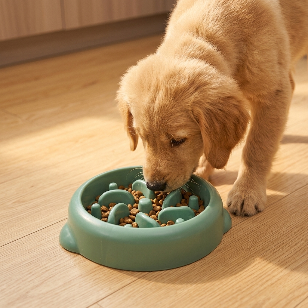 Small golden dog eating kibble from Slow Feeder Bowl in Green on kitchen floor working for food