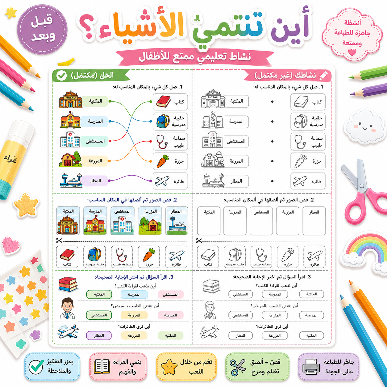 أين تنتمي الأشياء؟ – 30 نشاطًا ممتعًا قابلًا للطباعة للأطفال من عمر 3 إلى 6 سنوات