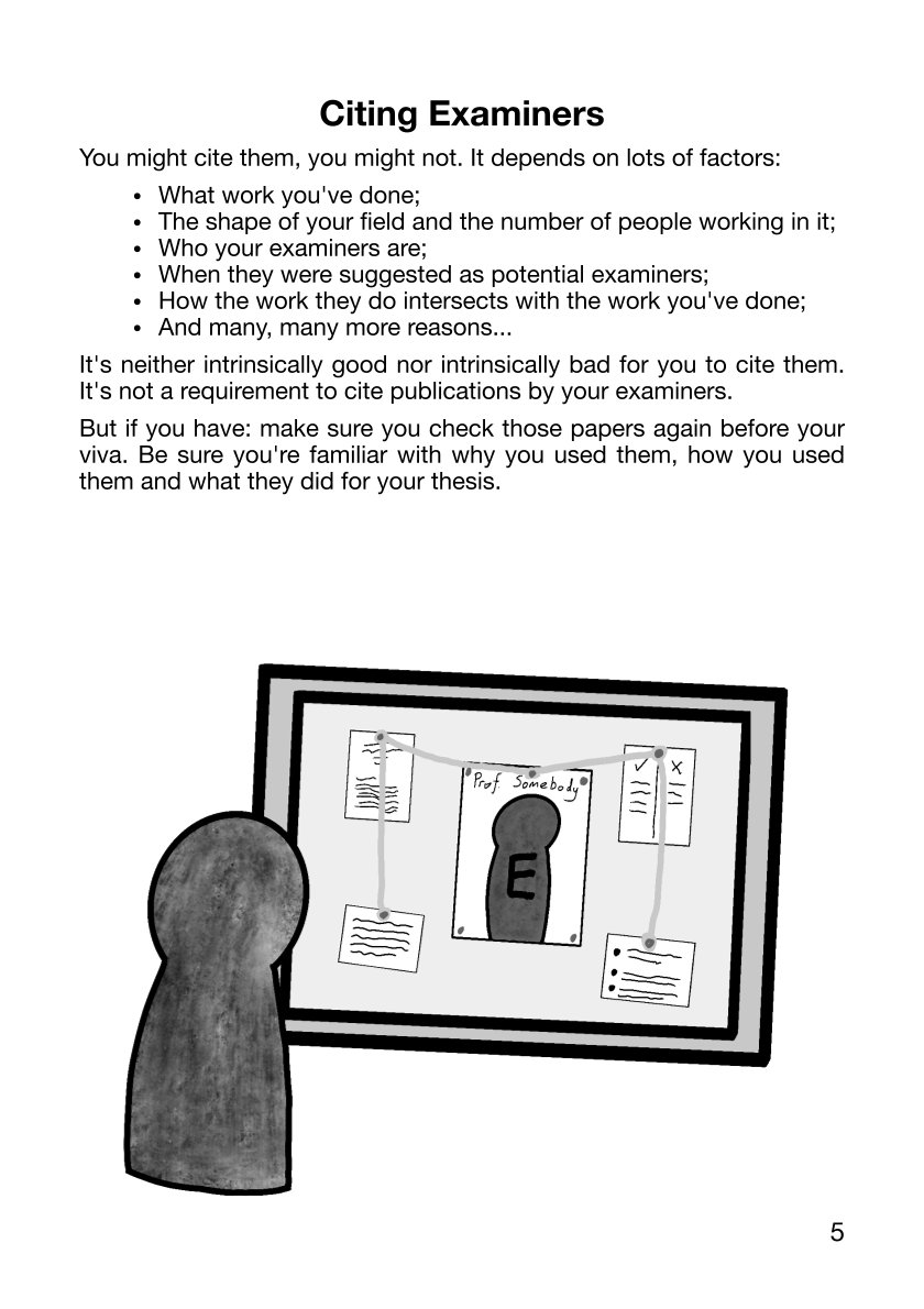 Page 5, titled Citing Examiners. Top half of the page is the text of a post about whether or not to cite examiners and the bottom is a black and white illustration showing a figure looking at a cork board with papers, images and strings attached