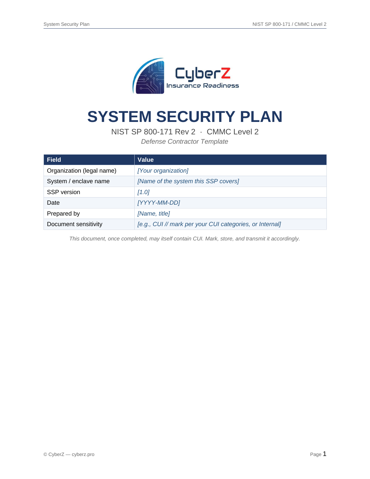 CMMC Level 2 System Security Plan SSP template cover page with system identification table