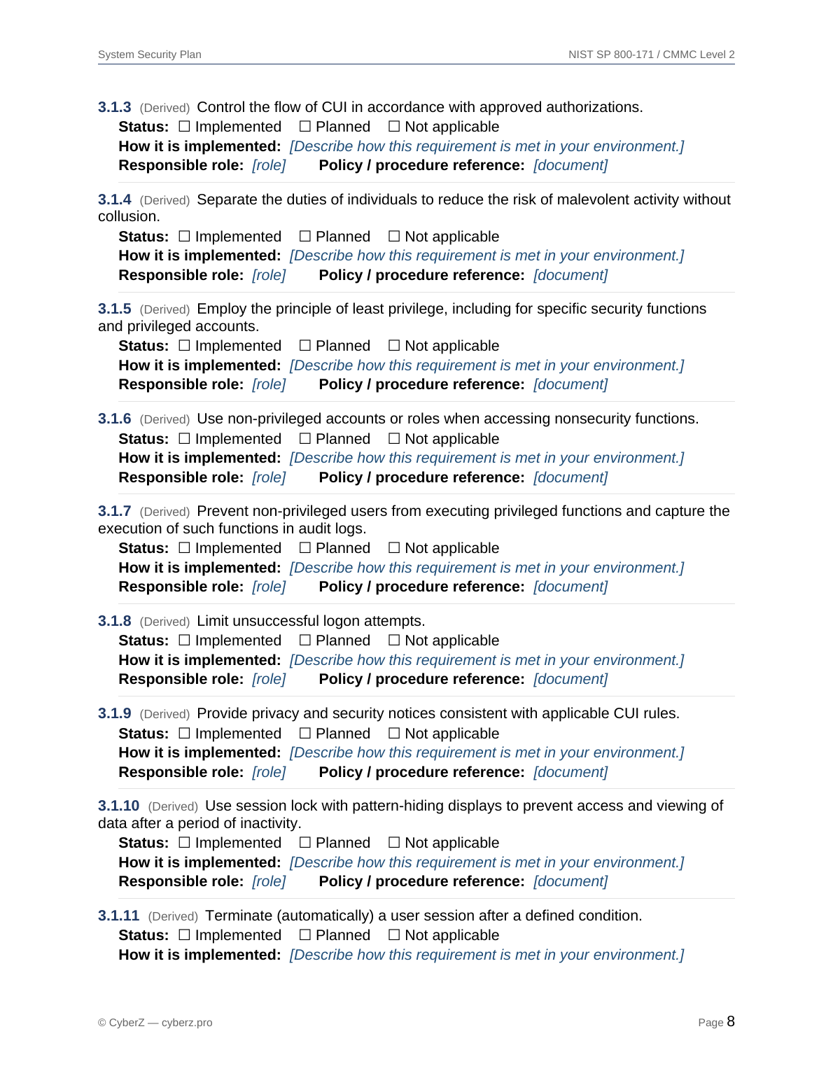 CMMC SSP control implementation section with status and policy reference fields for all 110 NIST 800-171 requirements