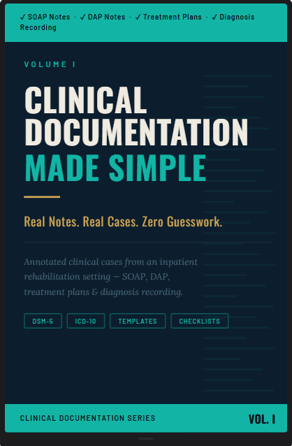 A flat digital cover design graphic for Clinical Documentation Made Simple (Vol. I) featuring sharp teal accent banners, bold typography, and direct metadata tags highlighting the inclusion of DSM-5, ICD-10, templates, and checklists.