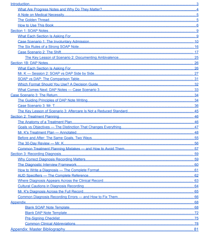 A crisp, clear screenshot of the e-books Table of Contents, detailing an organized overview of chapters ranging from SOAP and DAP note deep-dives to Treatment Planning, Diagnosis Recording (AUD Specifiers), and ready-to-use template appendices.