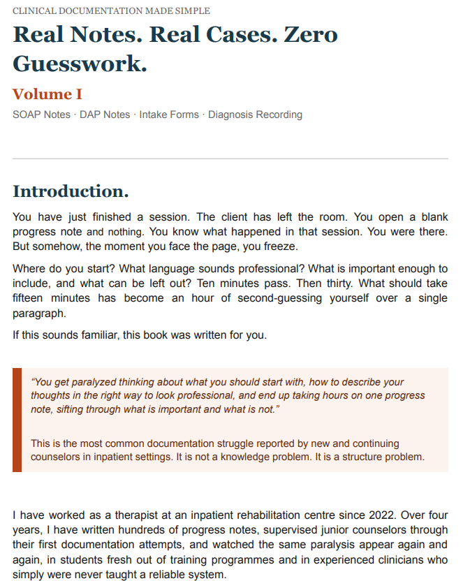 A sample interior preview page displaying the books Introduction, highlighting a clean, professional typography layout with a striking orange blockquote box that addresses the core problem of clinical documentation paralysis.