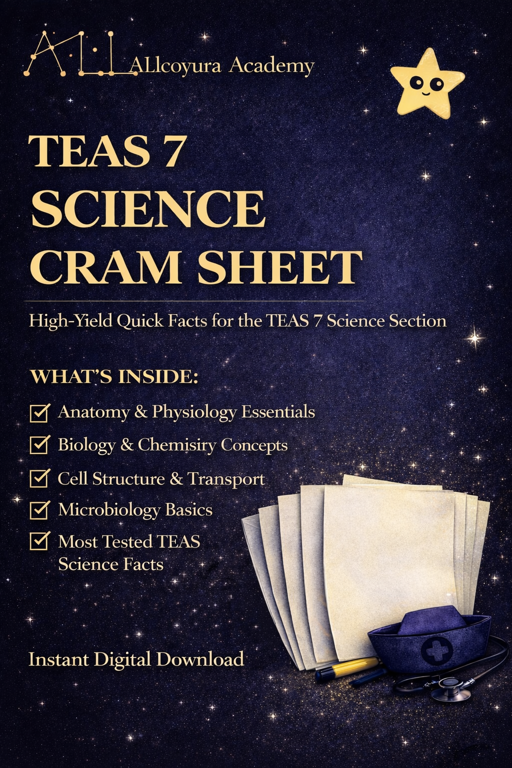 TEAS 7 Science Cram Sheet | ATI TEAS 7 Science Study Guide PDF | Anatomy Physiology Biology Chemistry Review | Nursing School Entrance Exam Prep