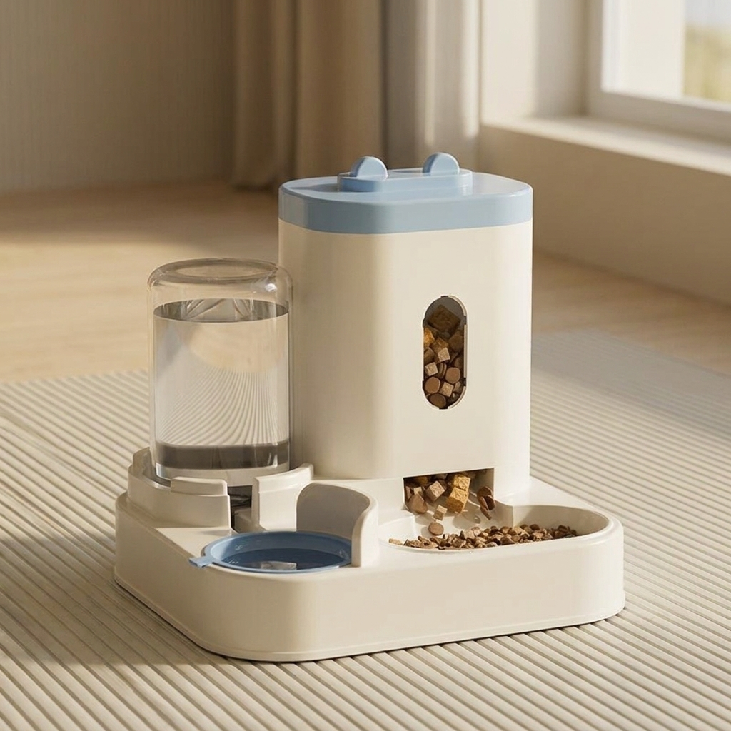 Automatic Pet Feeder in Blue 2-in-1 water and food bowl on white background for cats and dogs