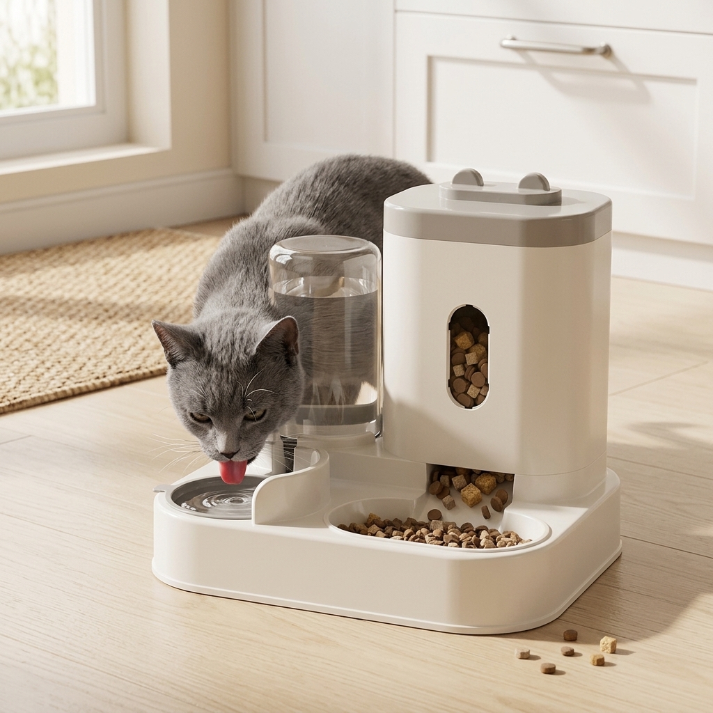 Small golden dog eating kibble from blue Automatic Pet Feeder on tiled floor food tank full