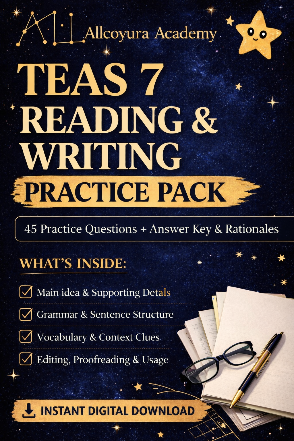 TEAS 7 Reading & English Practice Pack | 45 ATI TEAS Reading and Writing Questions with Rationales | Grammar Vocabulary Reading Comprehension PDF