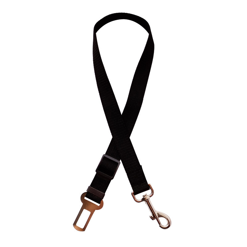 Pet car seat belt adjustable safety leash for dogs and cats. Clips into seatbelt buckle attaches to harness. Nylon zinc alloy metal clips. 7 colors. Lightweight 88g.