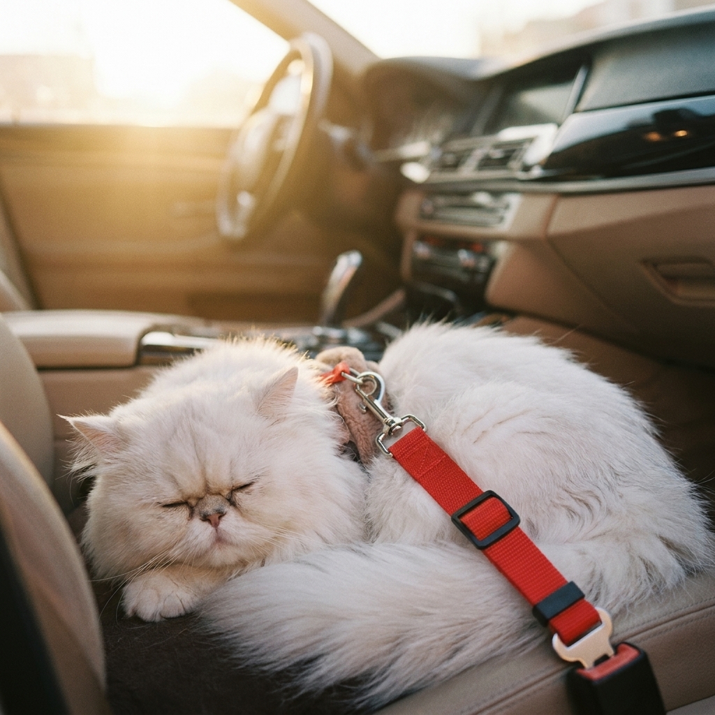 Pet car seat belt adjustable safety leash for dogs and cats. Clips into seatbelt buckle attaches to harness. Nylon zinc alloy metal clips. 7 colors. Lightweight 88g.