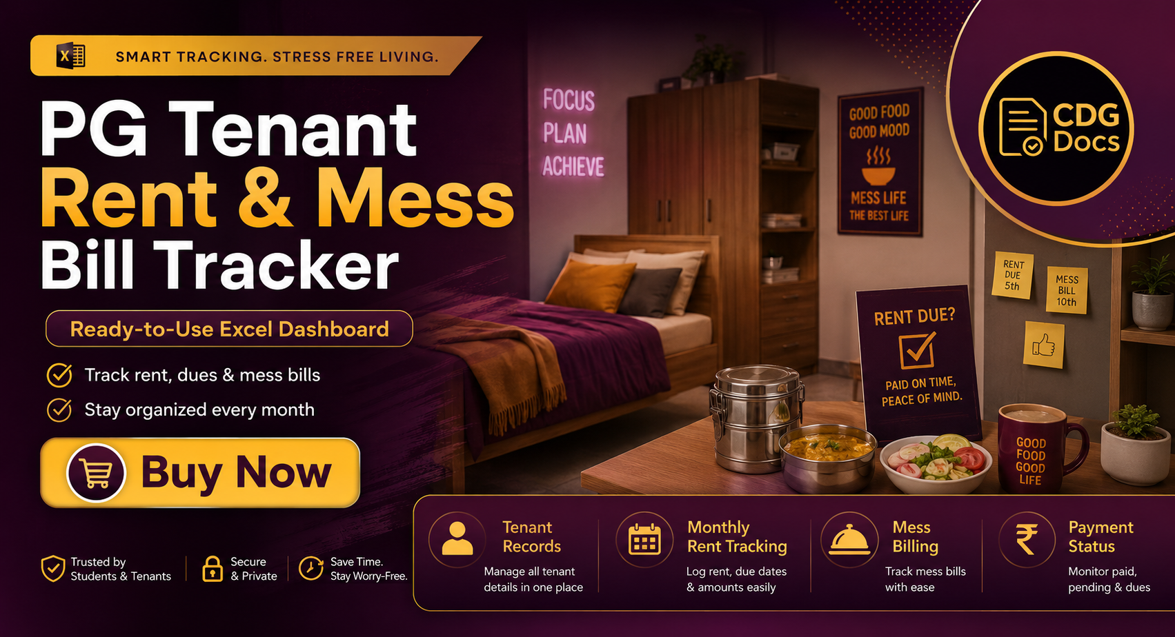 Pg Owners PG Excel Dashboard | Paying Guest Rent Tracker | Mess Bill Calculator ...