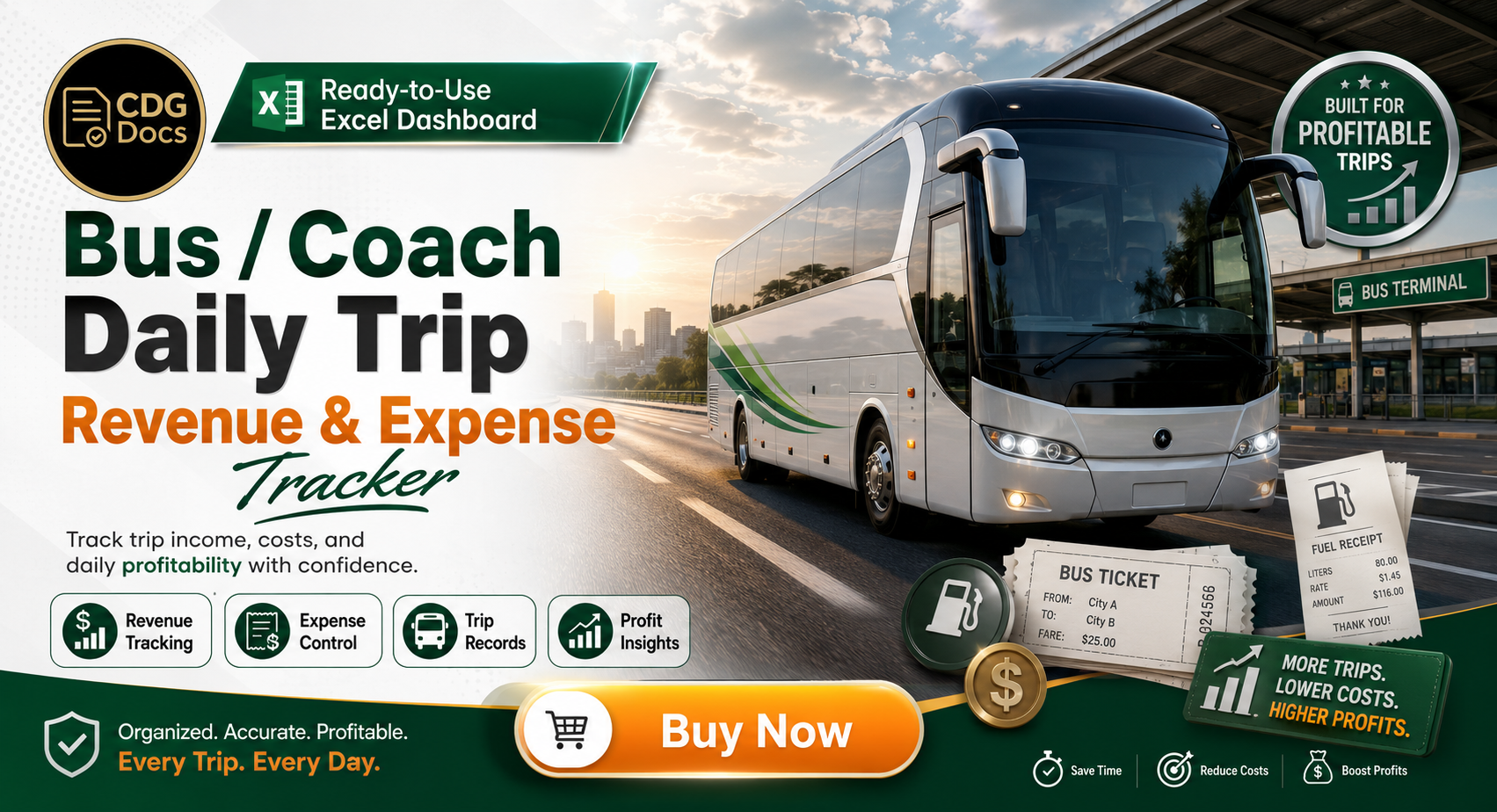 Bus Trip Excel Dashboard | Coach Daily Revenue Expense Tracker | Tour ...