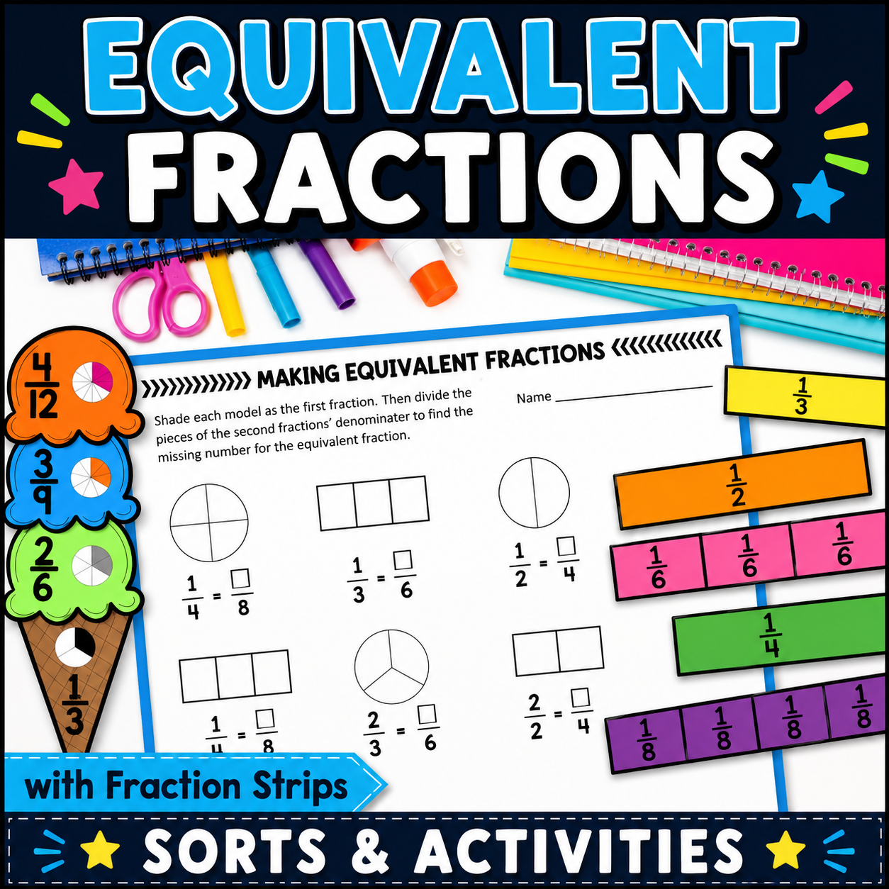 Finding Equivalent Fractions Worksheets | 3rd & 4th Grade Fraction Strips Activities