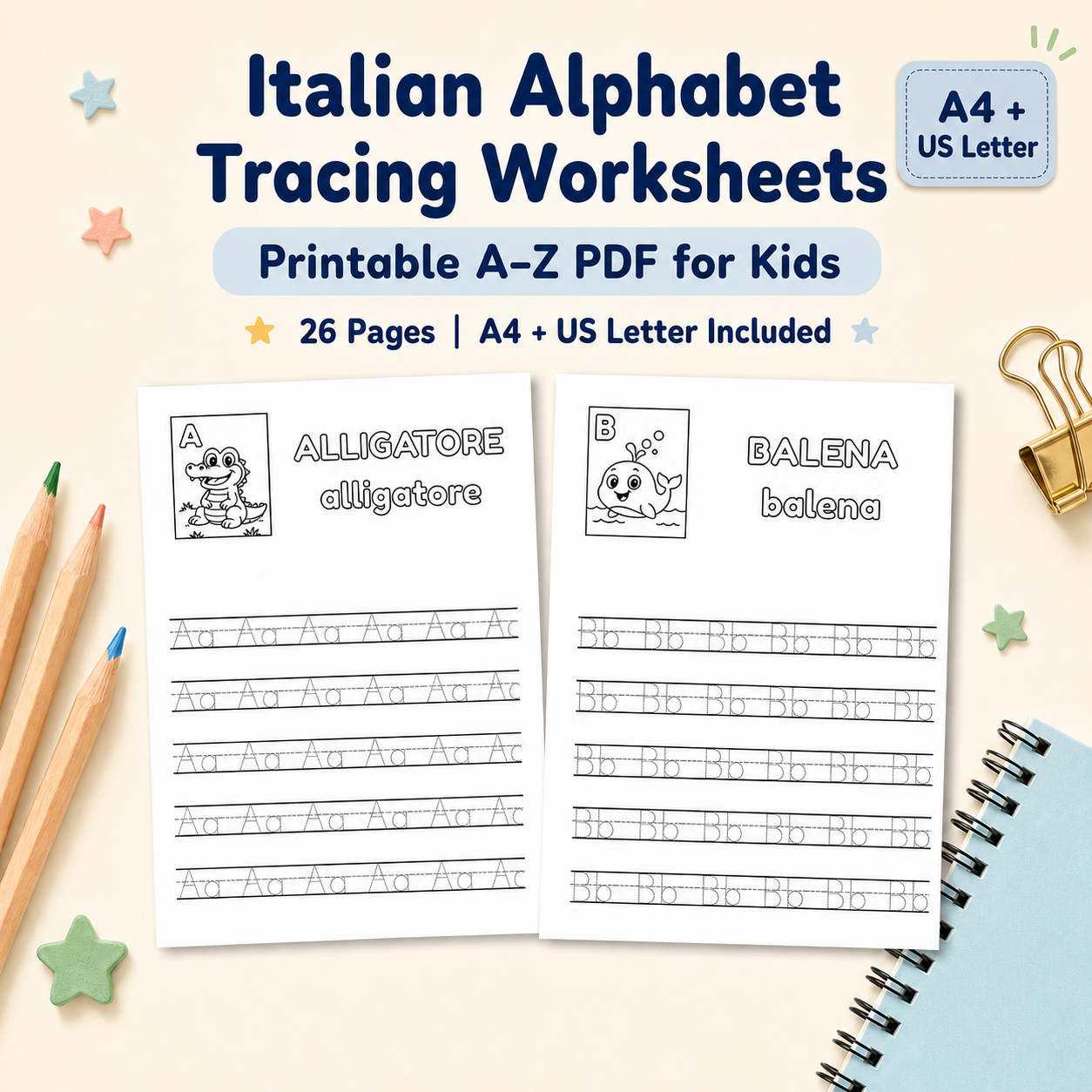 Italian alphabet tracing worksheets for kids printable A4 and US Letter PDF.