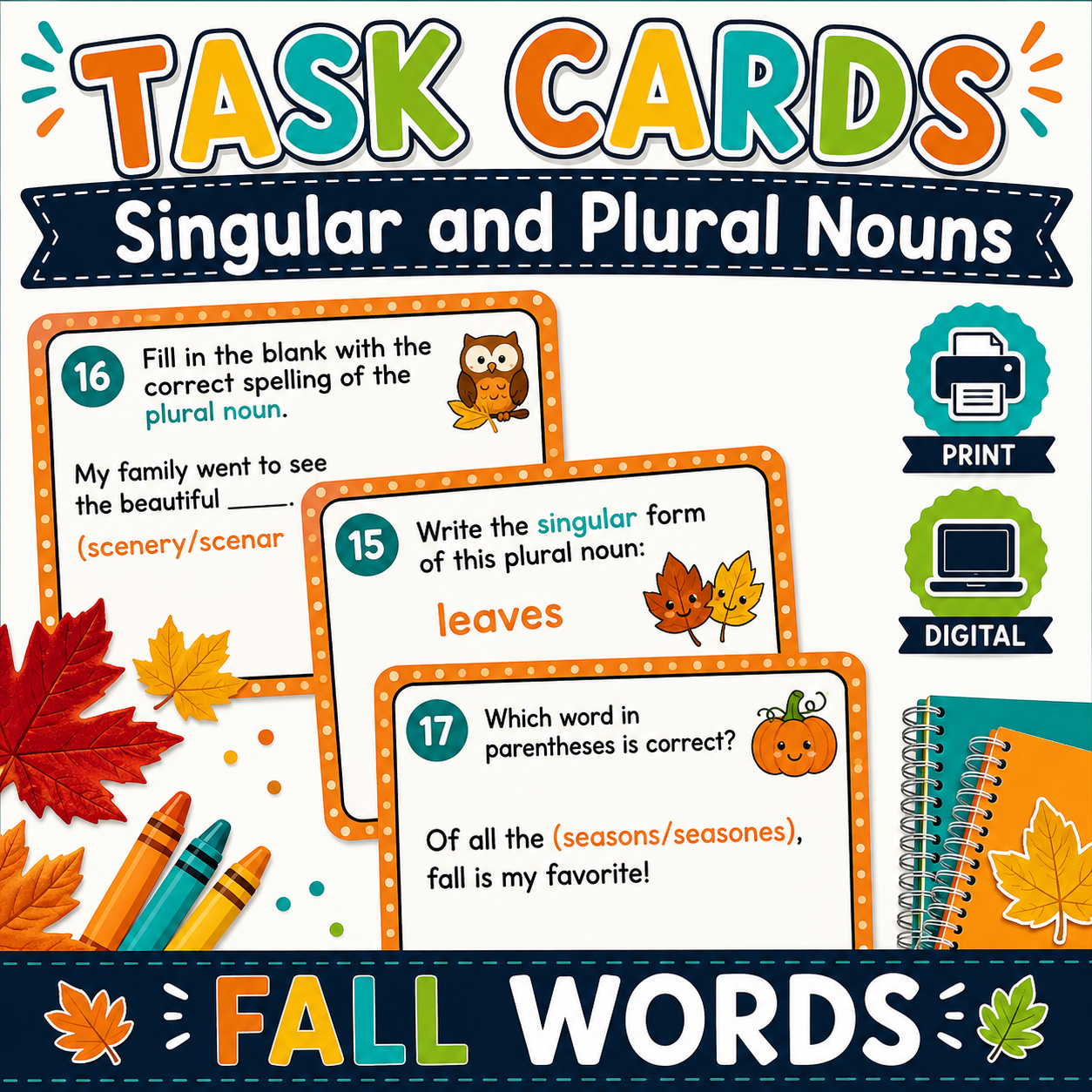 Singular & Plural Nouns Activities | Fall-Themed Task Cards, Centers & Practice