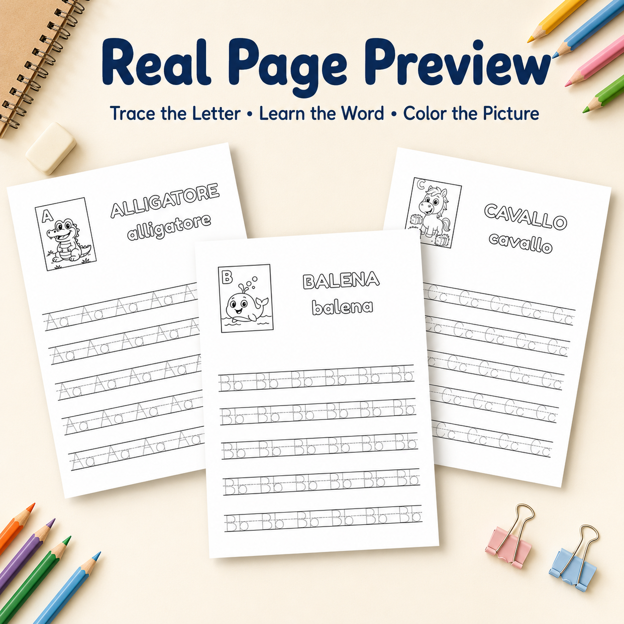 Italian alphabet worksheet preview with A4 and US Letter printable pages.