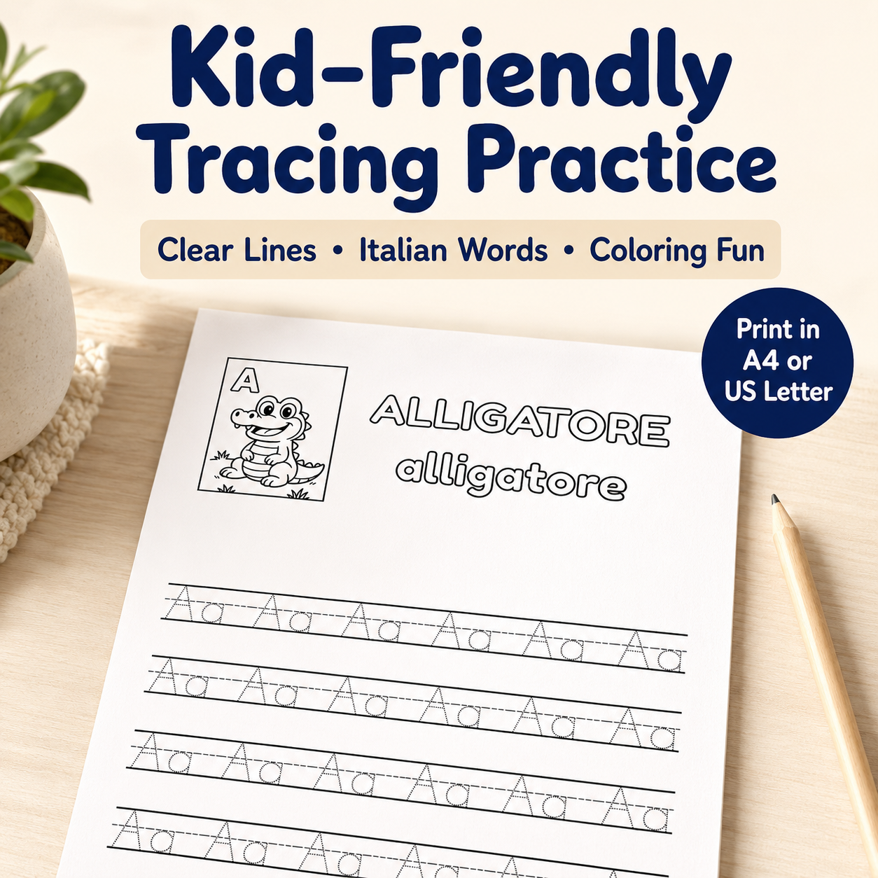 Close-up of Italian alphabet tracing worksheet with A4 and US Letter printable option.