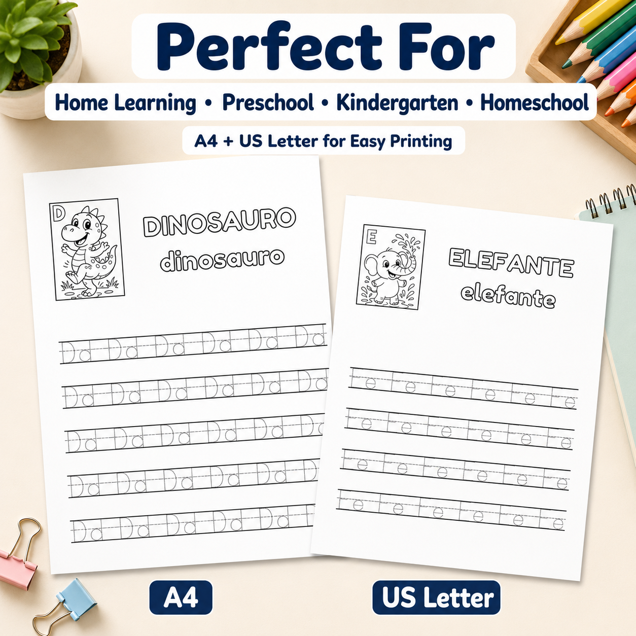 Italian alphabet tracing worksheets for preschool homeschool and classroom in A4 and US Letter.