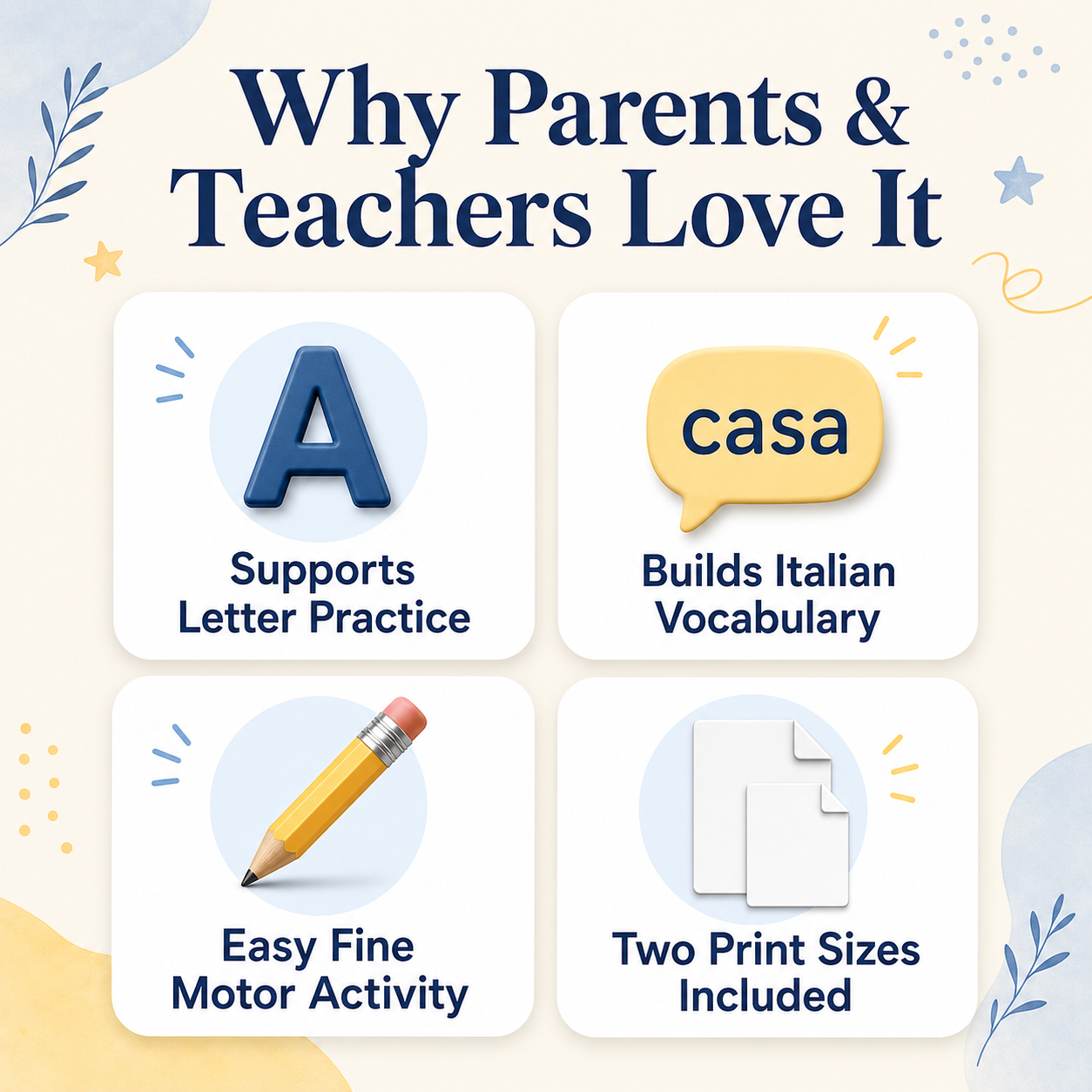 Benefits of Italian alphabet worksheets with letter practice vocabulary and two print sizes.