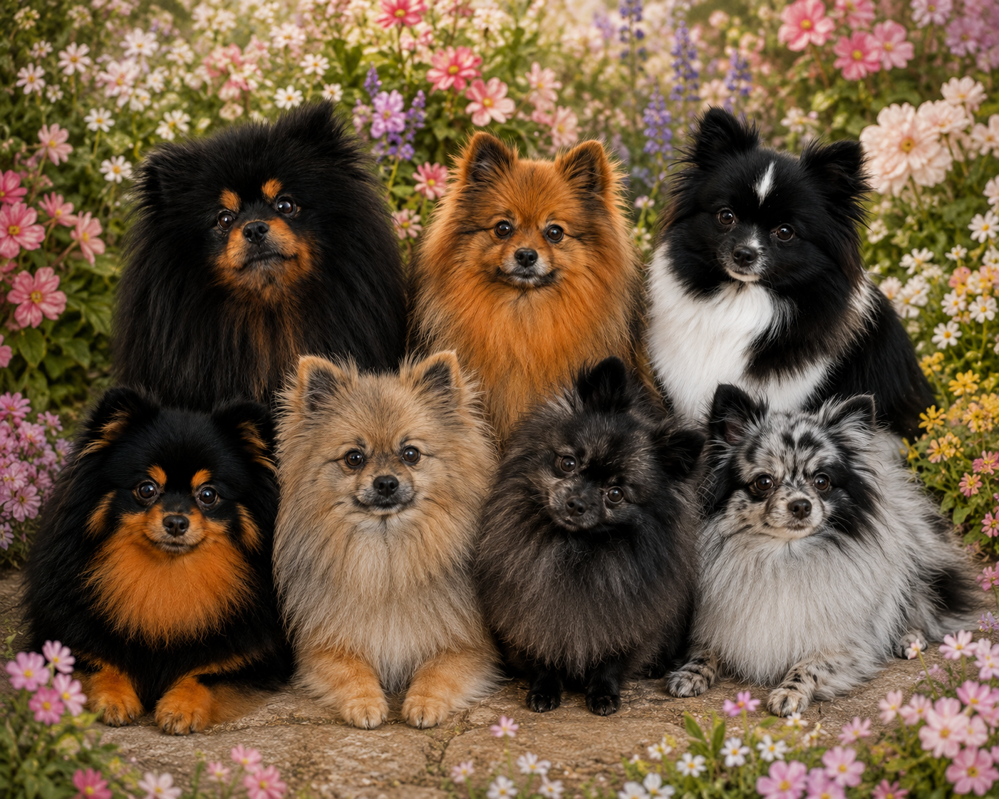 Spitz allemands de différentes couleurs dans un jardin fleuri – Charlène C. Créations, guides et ressources pour chiens et chiots