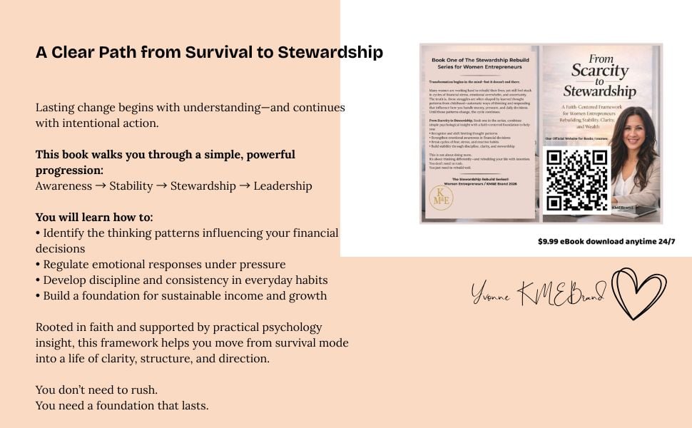 From Survival Mode to Emotional and Financial Stability  A Faith-Based Framework for Women Rebuilding After Hardship  Renew Your Mind. Rebuild Your Confidence. Restore Your Future.  Break Scarcity Thinking and Build Lasting Stewardship  Emotional Healing, Financial Clarity, and Purpose-Driven Growth