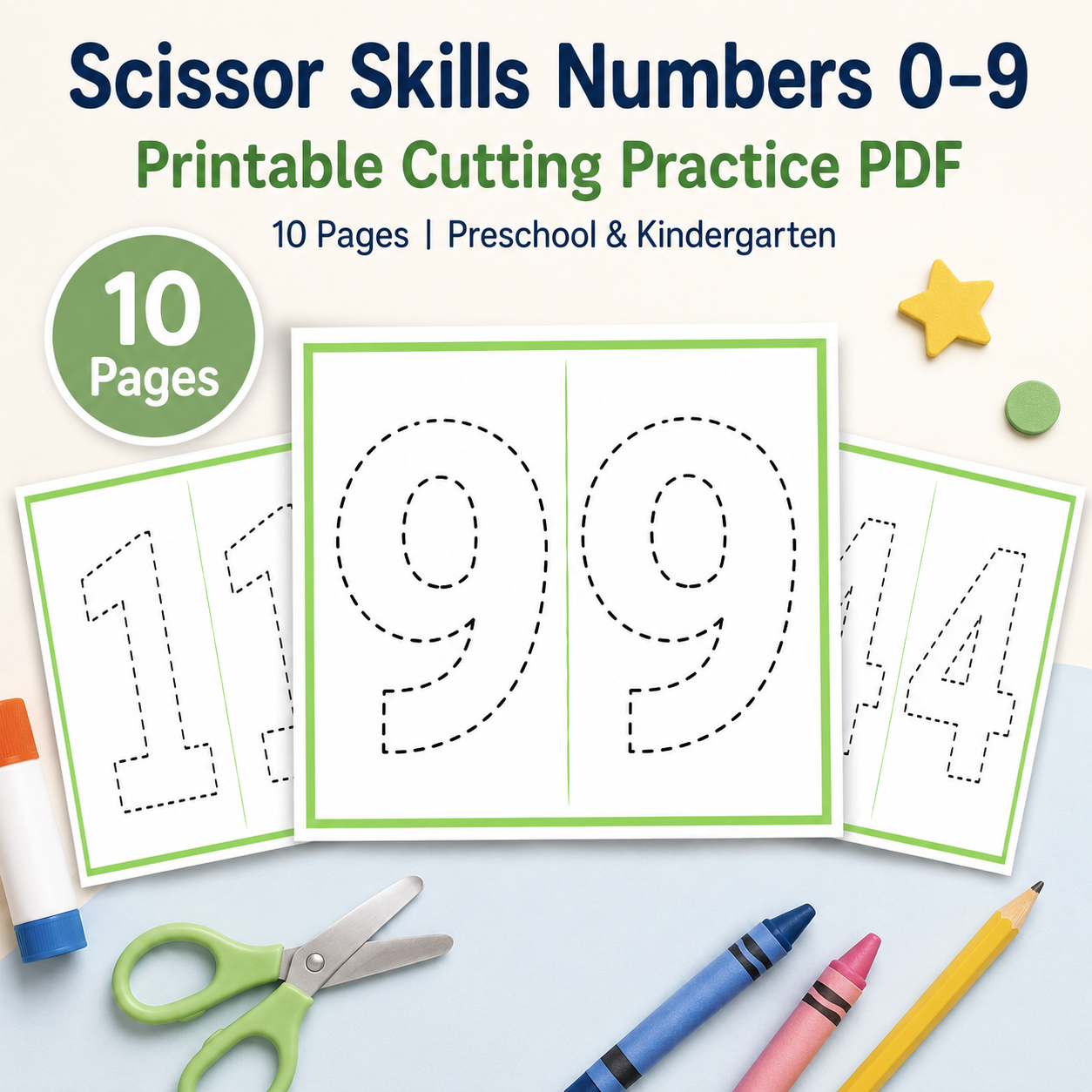 Scissor skills numbers 0–9 worksheets for kids printable cutting practice PDF.