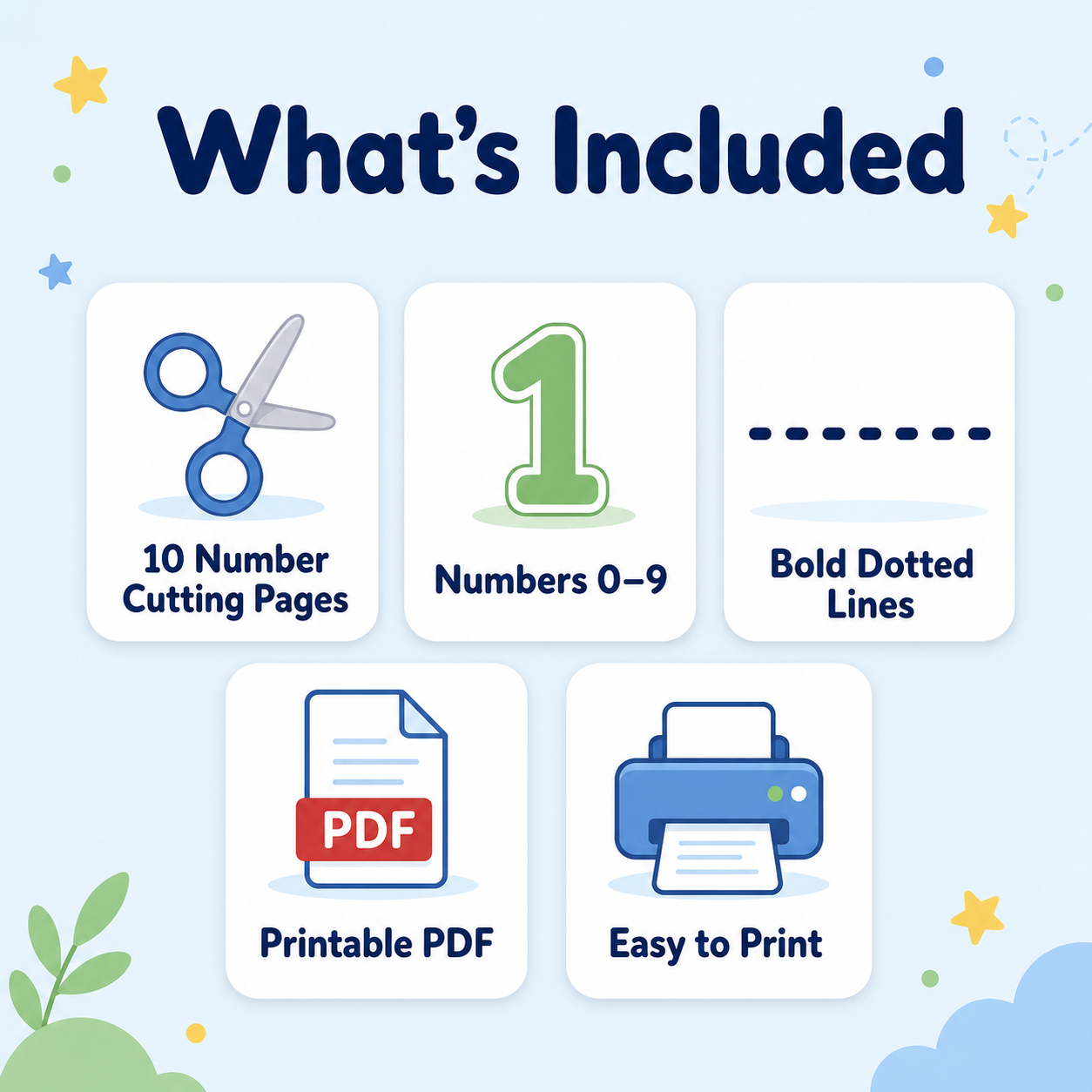 What is included in scissor skills numbers cutting practice printable PDF.