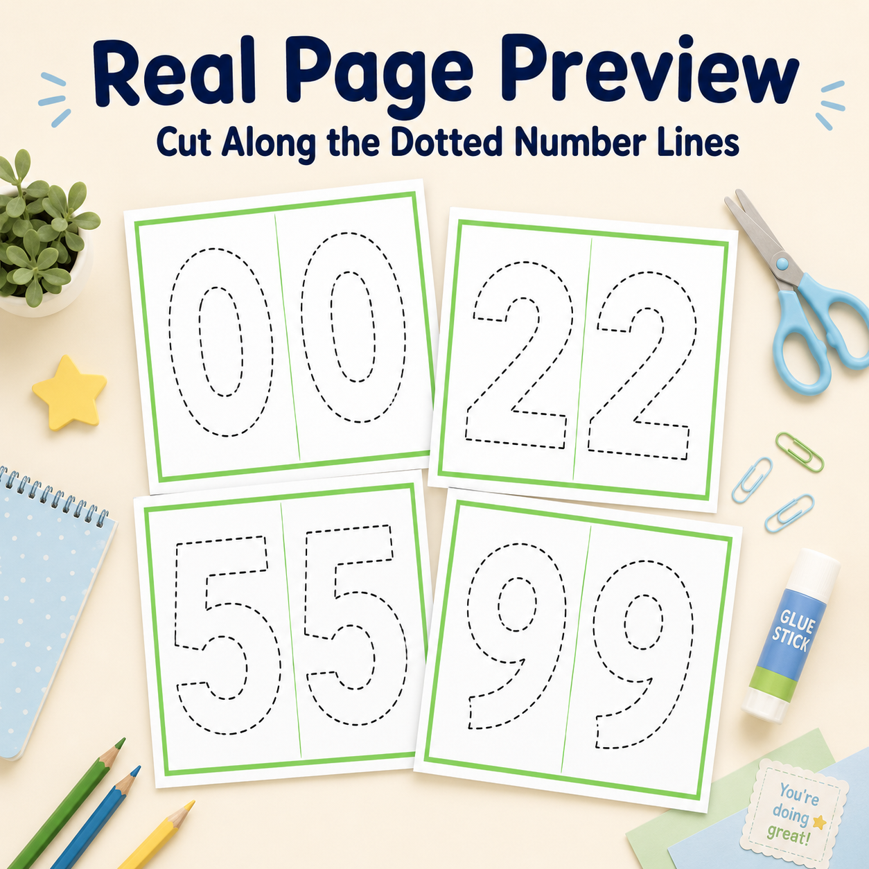 Preview of printable number cutting worksheets with dotted lines for preschool.