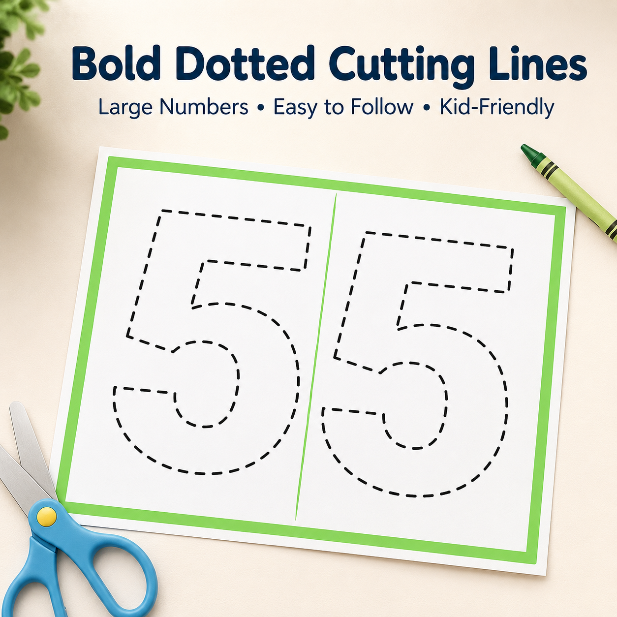 Close-up of number cutting worksheet with bold dotted scissor skills lines.