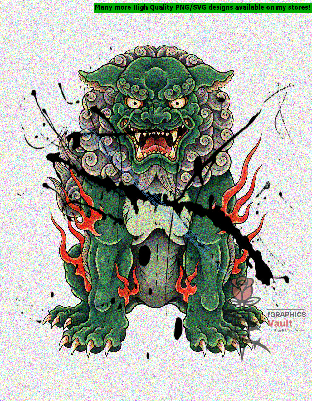 Collection of 18 Japanese Shishi lion tattoo flash designs featuring traditional irezumi artwork, guardian lion motifs, and detailed tattoo reference illustrations.