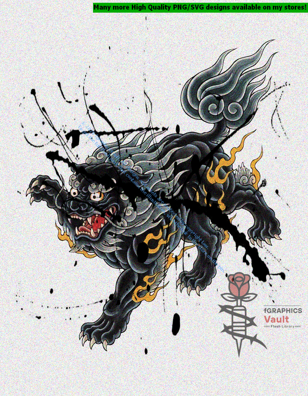 Collection of 18 Japanese Shishi lion tattoo flash designs featuring traditional irezumi artwork, guardian lion motifs, and detailed tattoo reference illustrations.