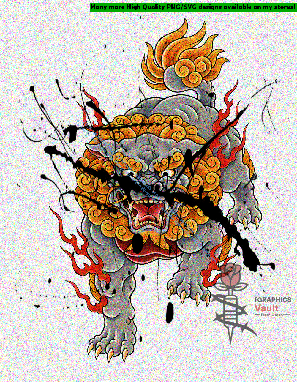 Collection of 18 Japanese Shishi lion tattoo flash designs featuring traditional irezumi artwork, guardian lion motifs, and detailed tattoo reference illustrations.