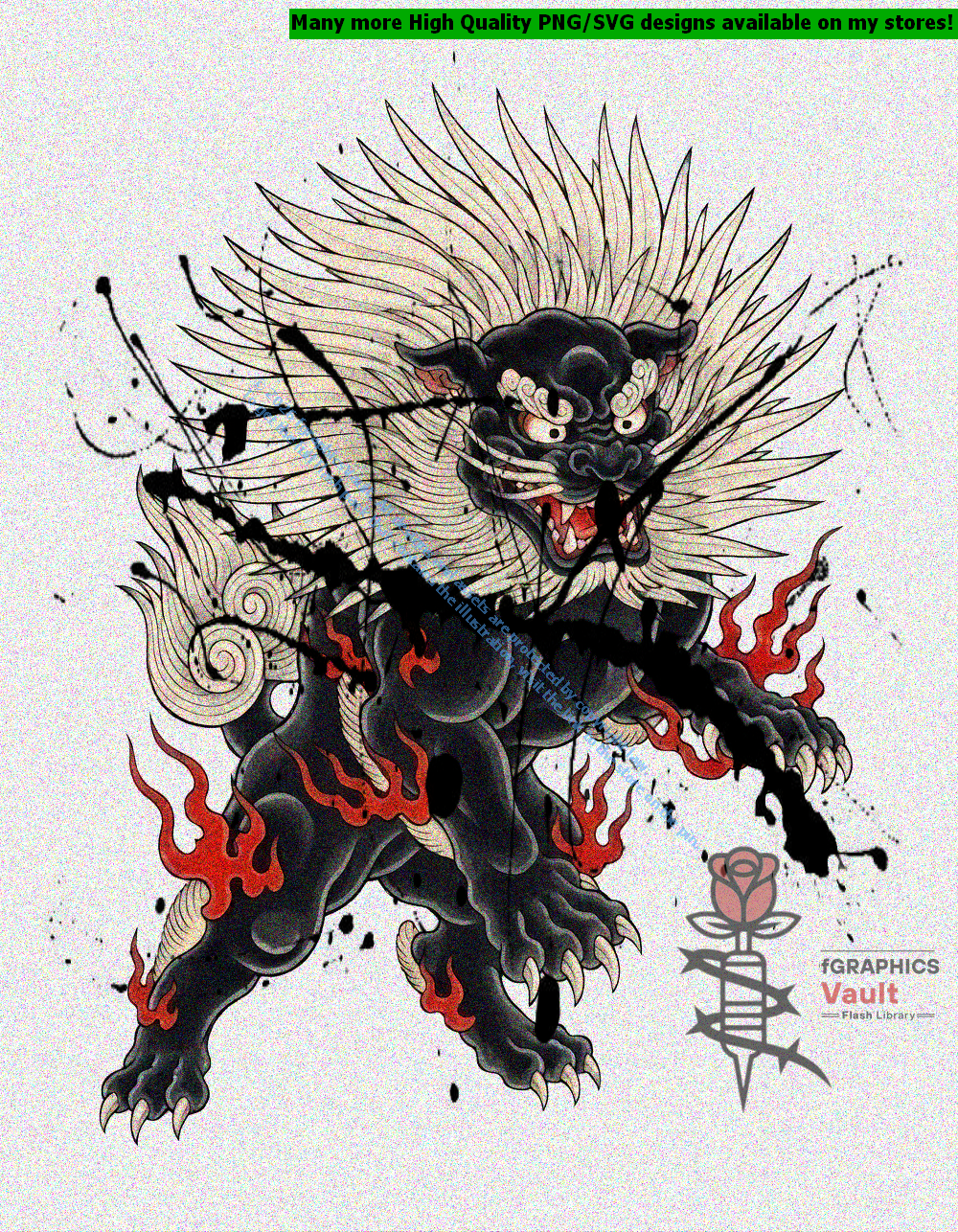 Collection of 18 Japanese Shishi lion tattoo flash designs featuring traditional irezumi artwork, guardian lion motifs, and detailed tattoo reference illustrations.