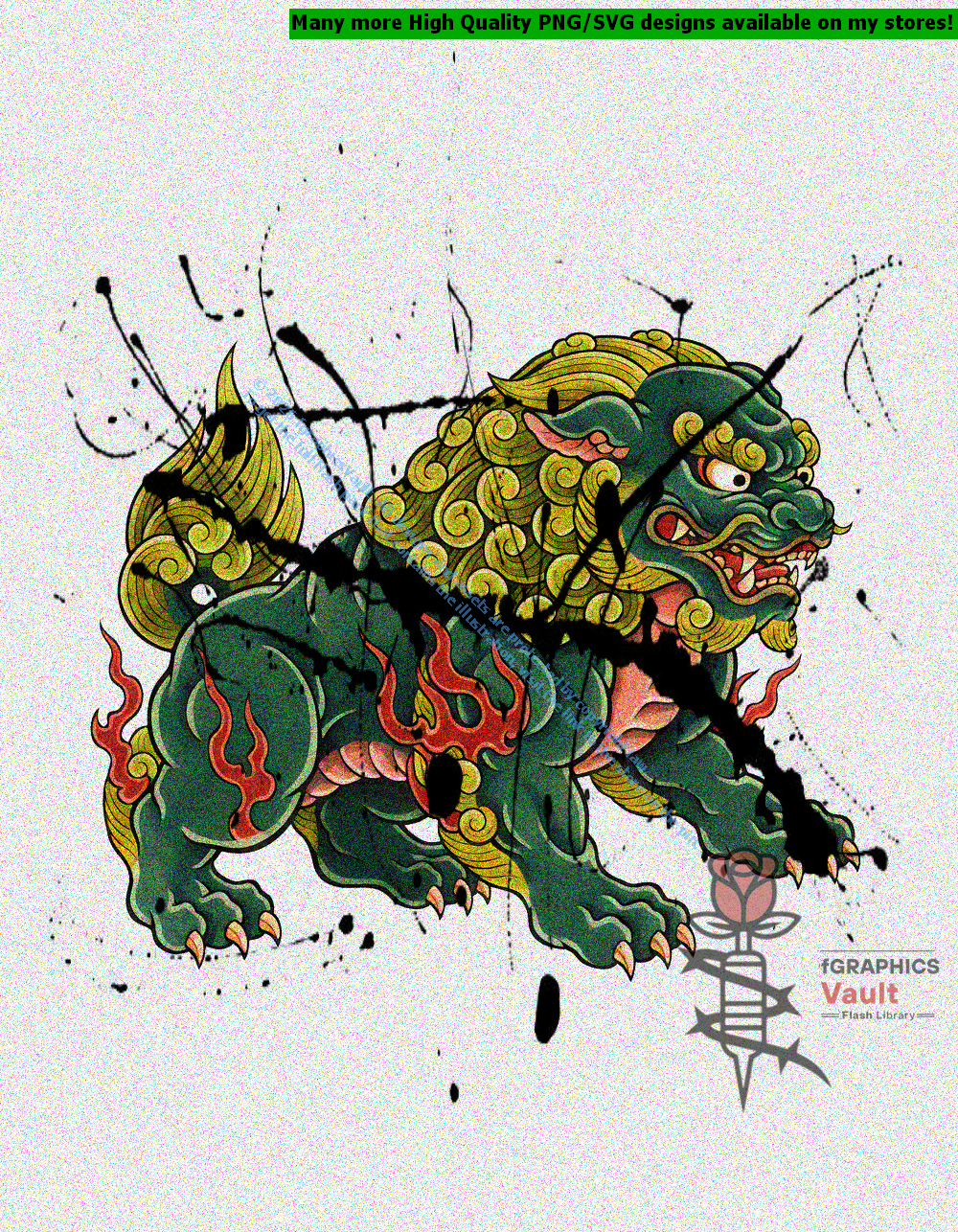 Collection of 18 Japanese Shishi lion tattoo flash designs featuring traditional irezumi artwork, guardian lion motifs, and detailed tattoo reference illustrations.
