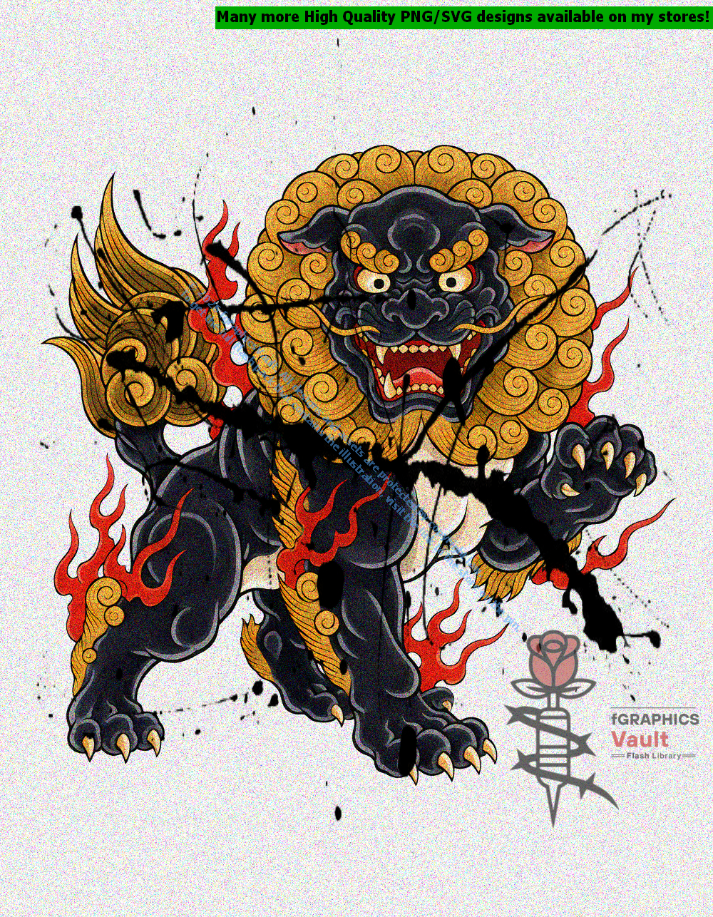 Collection of 18 Japanese Shishi lion tattoo flash designs featuring traditional irezumi artwork, guardian lion motifs, and detailed tattoo reference illustrations.