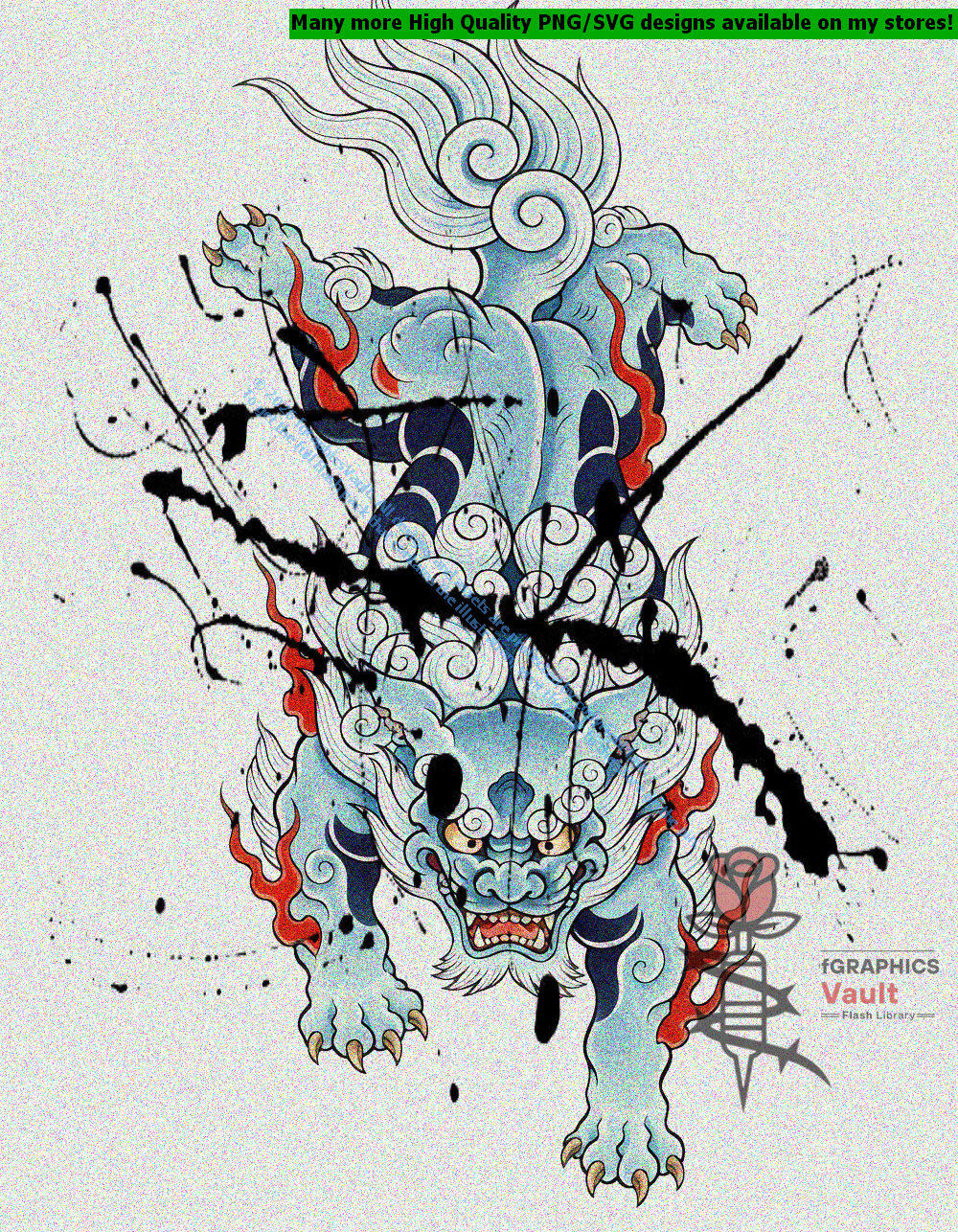 Collection of 18 Japanese Shishi lion tattoo flash designs featuring traditional irezumi artwork, guardian lion motifs, and detailed tattoo reference illustrations.