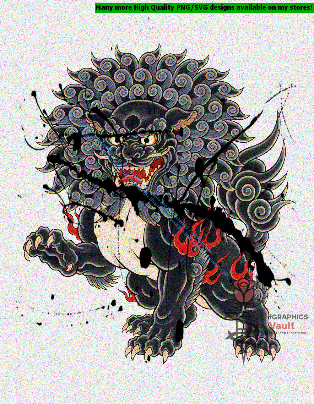 Collection of 18 Japanese Shishi lion tattoo flash designs featuring traditional irezumi artwork, guardian lion motifs, and detailed tattoo reference illustrations.