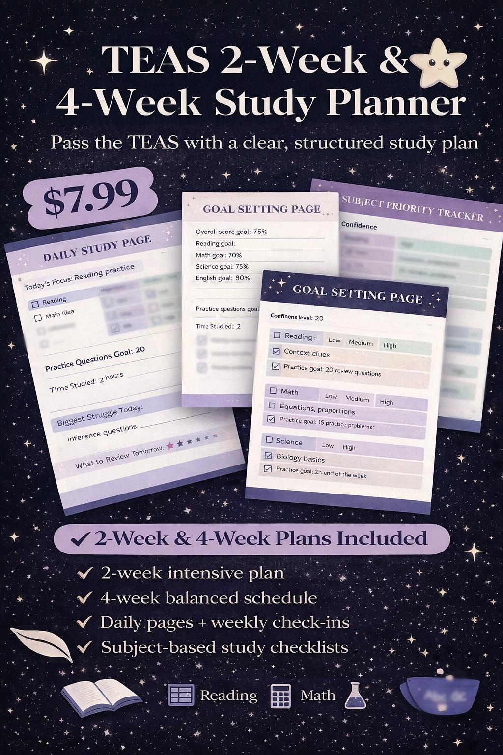ATI TEAS 7 Study Planner | 2 Week & 4 Week Study Schedule PDF | Nursing School Entrance Exam Prep Tracker & Study Organizer