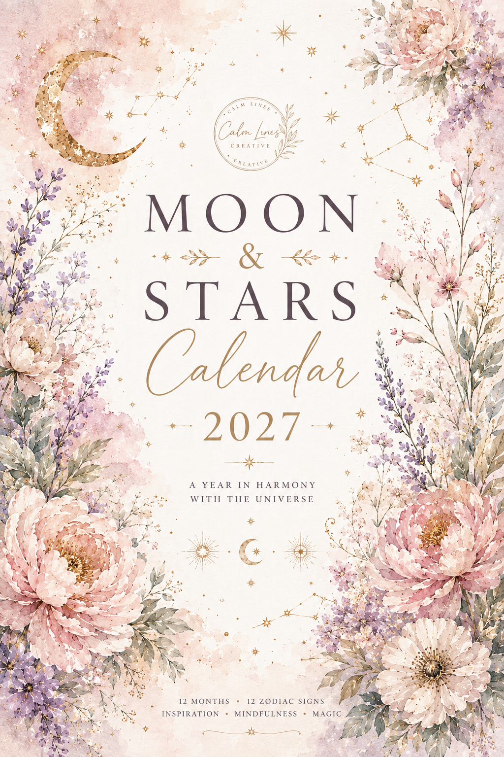 Moon & Stars Calendar 2027 printable zodiac calendar cover with elegant watercolor flowers and celestial design.