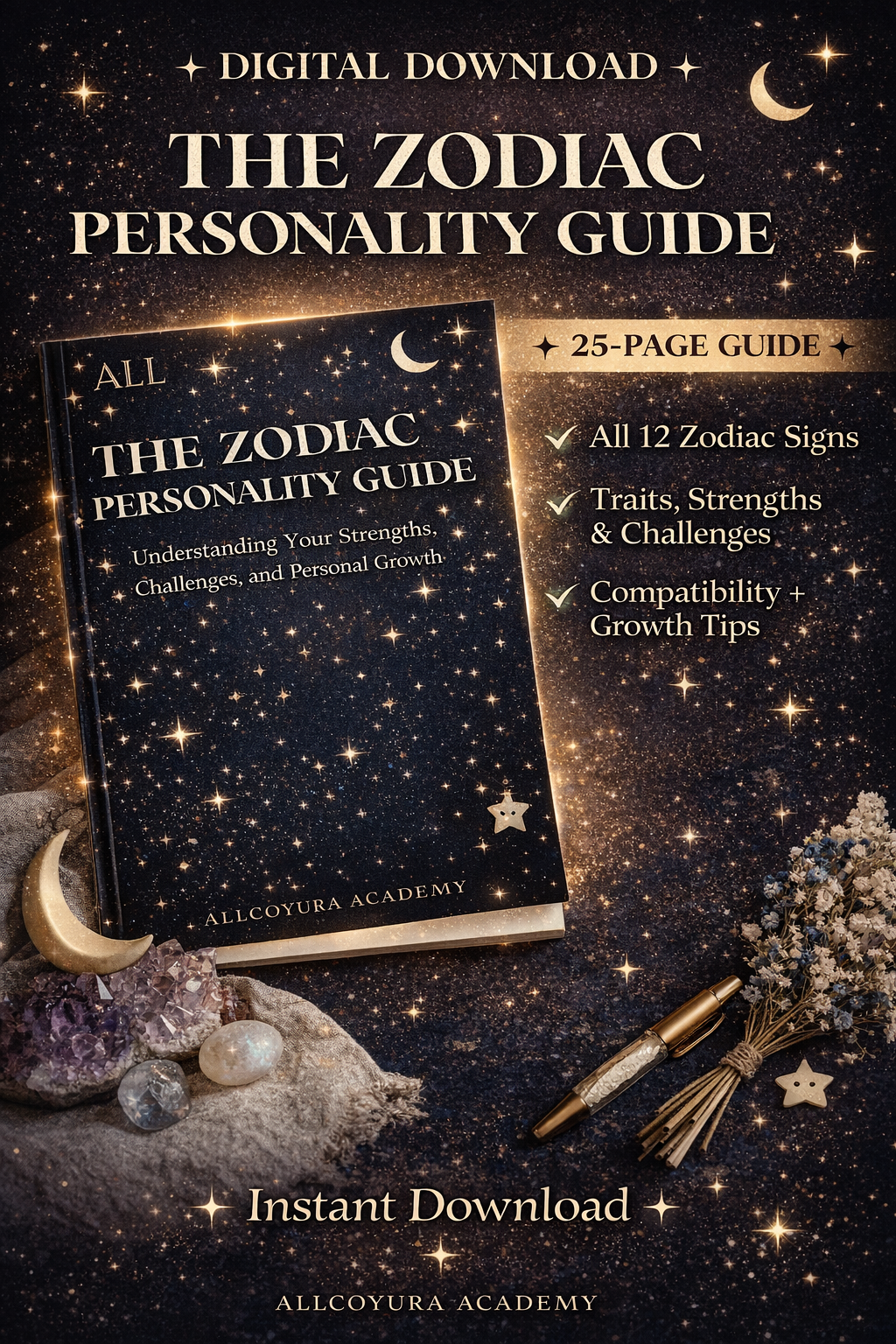Zodiac Personality Guide PDF | Astrology Self Discovery Workbook | Zodiac Signs Meanings, Traits, Strengths & Personal Growth Guide