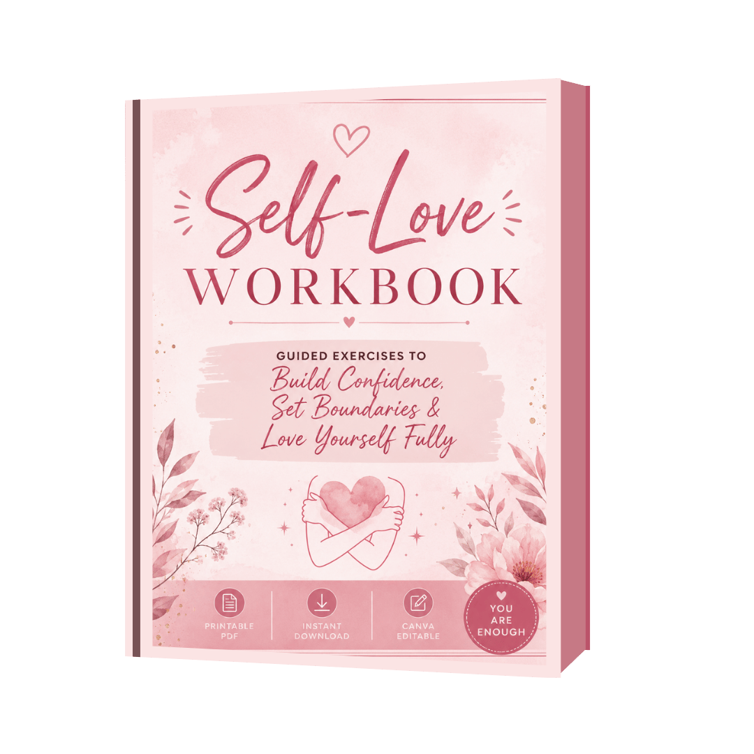 An open, multi-page layout of a self-love workbook template featuring a soft pink aesthetic. Pages include a cover titled "Self-Love Workbook: Guided Exercises to Build Confidence, Set Boundaries & Love Yourself Fully," a self-love quiz, affirmation lists