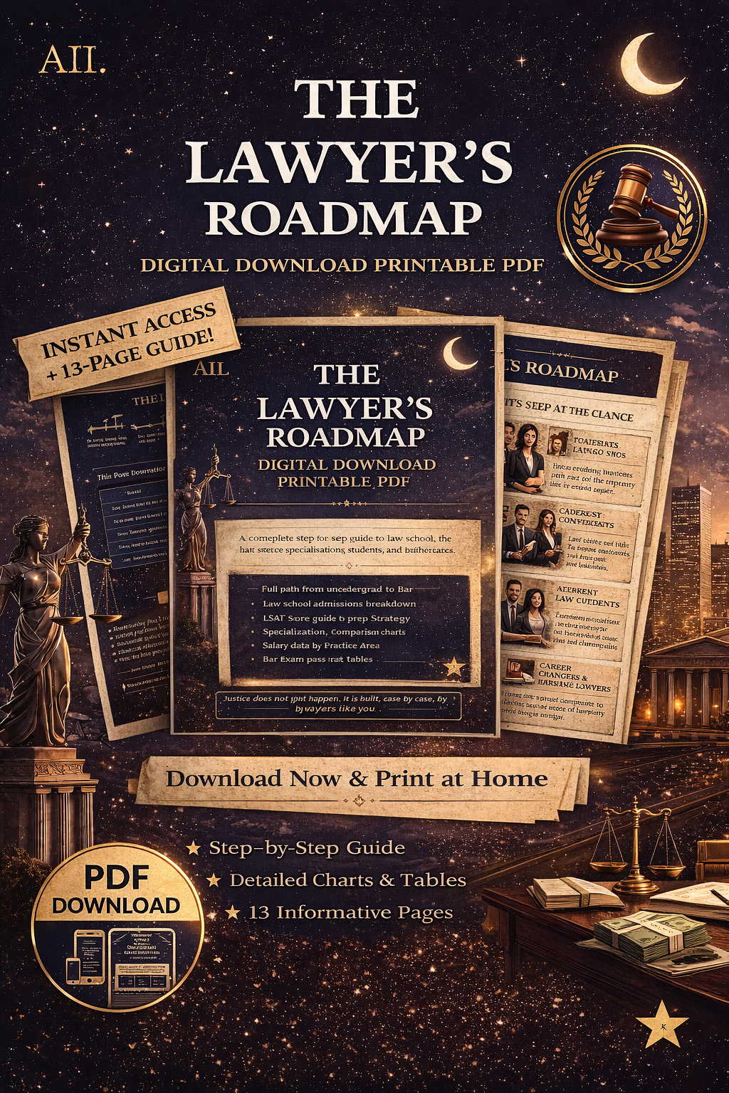 How to Become a Lawyer Guide PDF | Law School, LSAT & Bar Exam Roadmap | Legal Career Planning Workbook for Future Attorneys