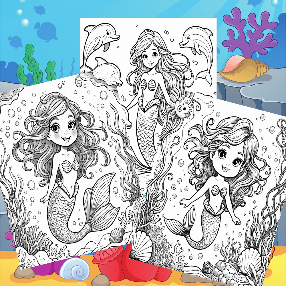 55 Mermaid Coloring Pages printable bundle featuring cute mermaids, ocean animals, and underwater fantasy scenes for kids.