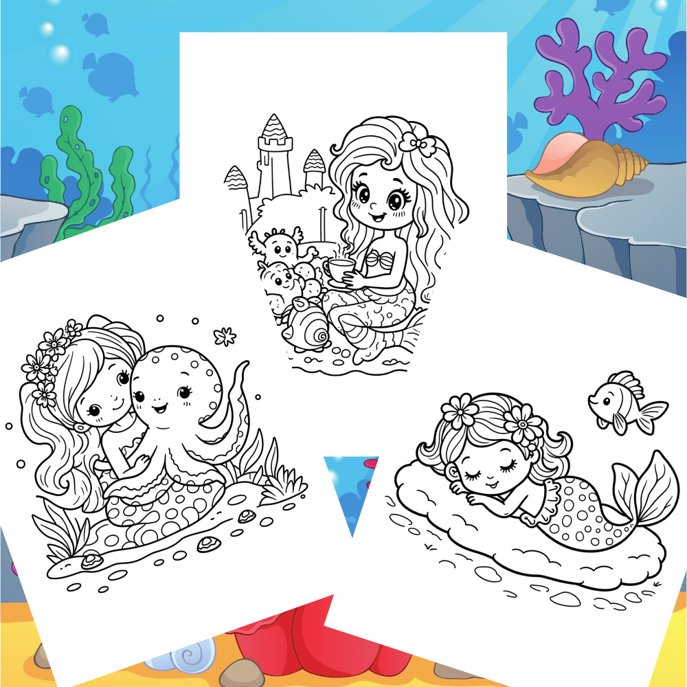 Printable mermaid coloring book V2 with 55 high-quality coloring pages in PDF, PNG, and JPG formats.