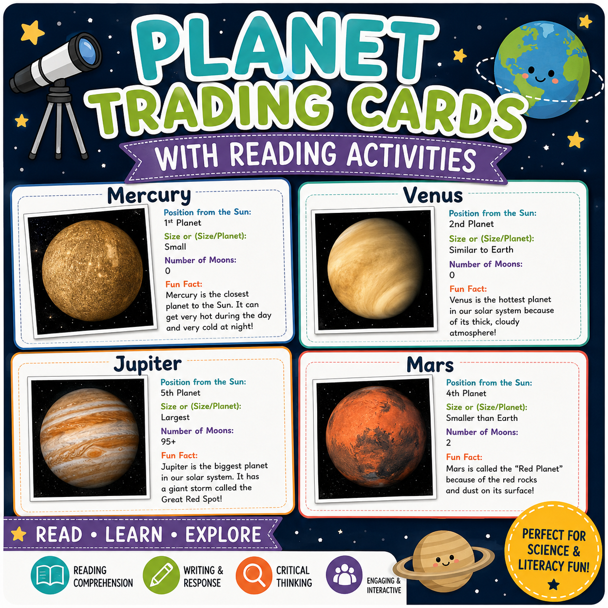Planets Trading Cards | Reading Comprehension & Solar System Activities