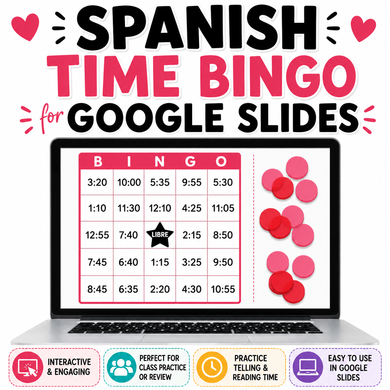 Telling Time Spanish Bingo Game | La Hora Activity with Digital Clocks & Google Slides