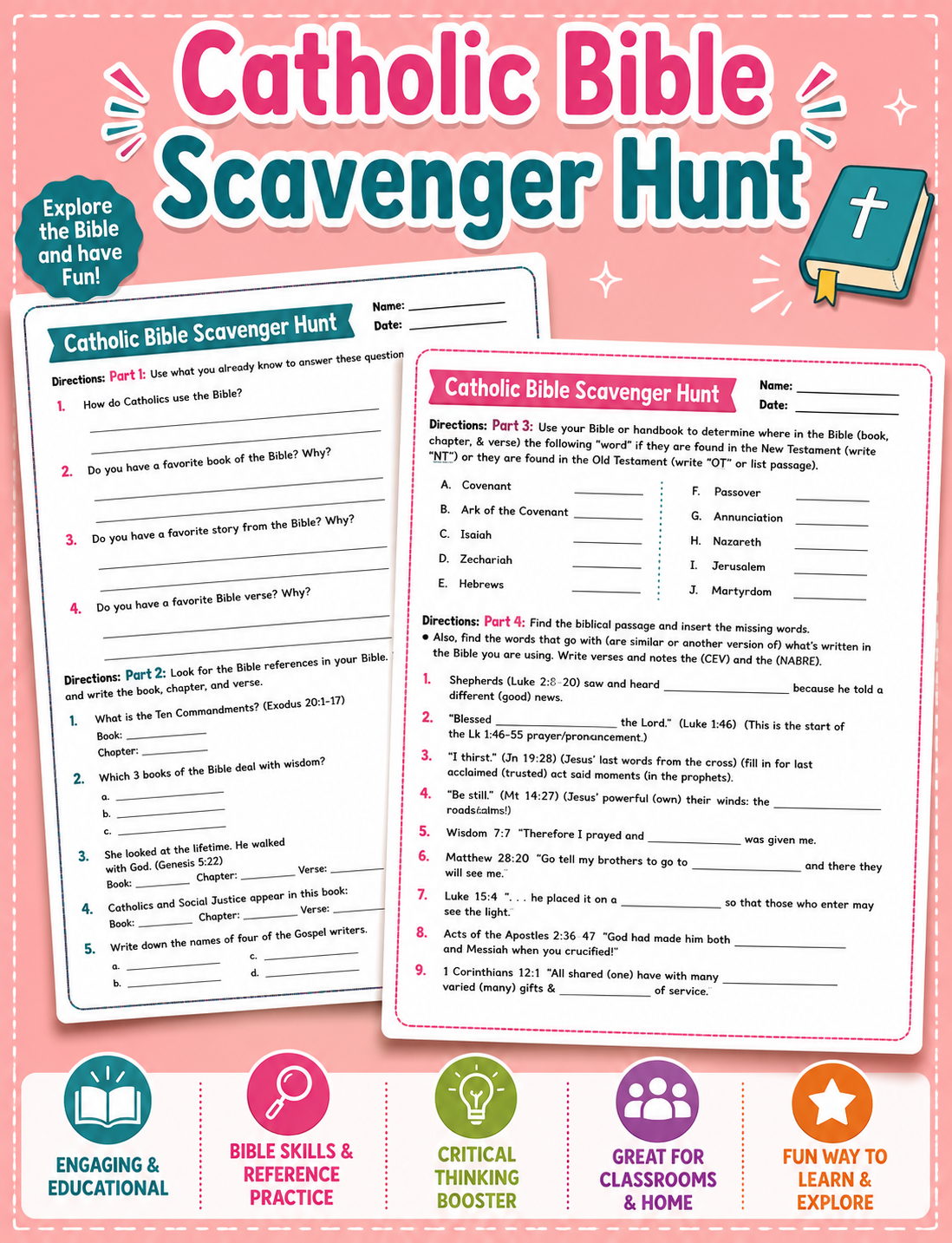 Catholic Bible Scavenger Hunt | Scripture Skills & Bible Navigation Activity